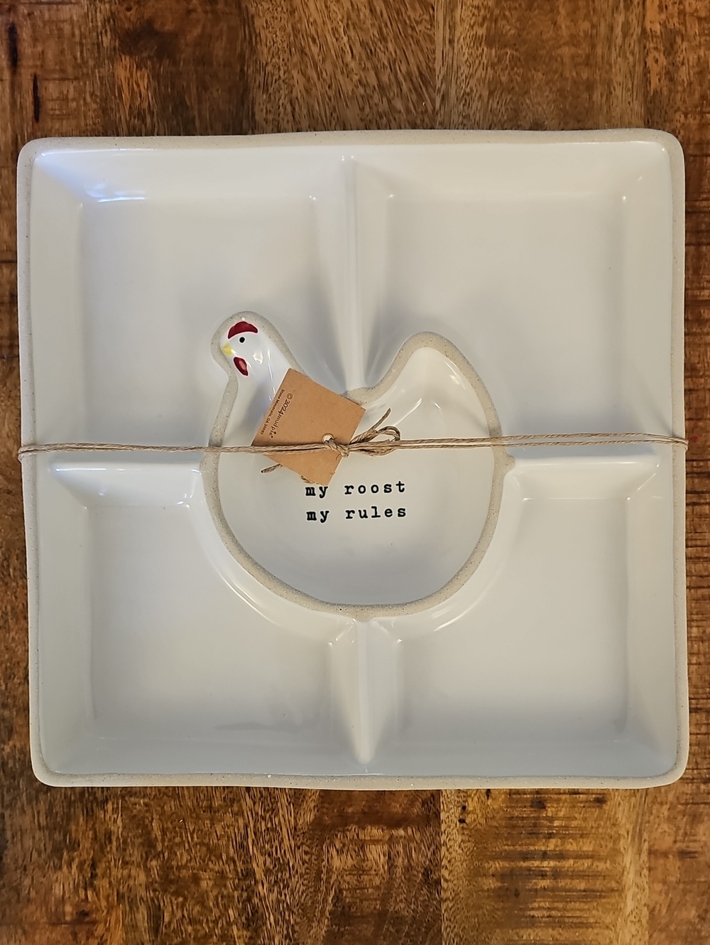 Mud Pie White Ceramic Divided Serving Platter with Hen Accent